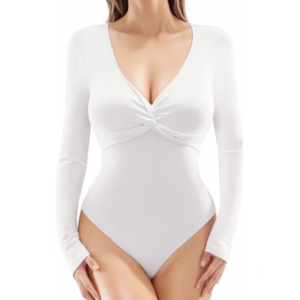 MANGOPOP long sleeve v neck bodysuit featuring a twisted knot detail at the bust